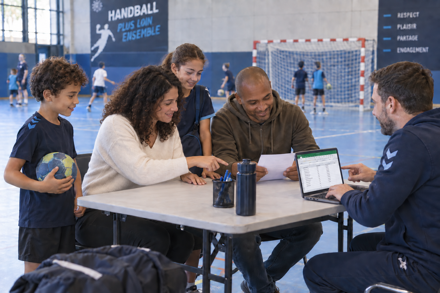 Illustration créée par IA : deux parents inscrivent leurs deux enfants dans un club de handball, accompagnés par un bénévole.